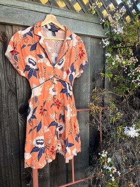 Forever 21 Orange Floral Mini Dress with Navy & White Accents